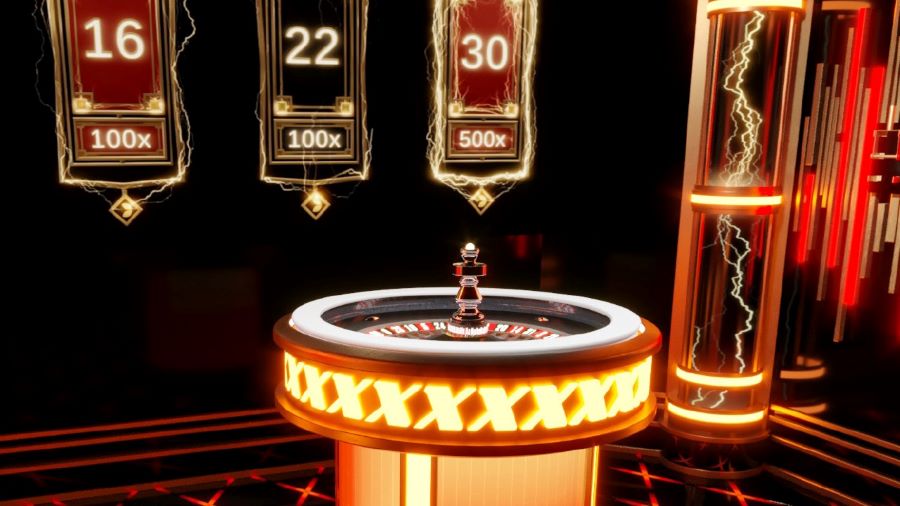 Pantalla de juego interactiva para Lightning Roulette Extreme, que destaca la experiencia de apuestas de suspense con efectos de Chain Lightning.